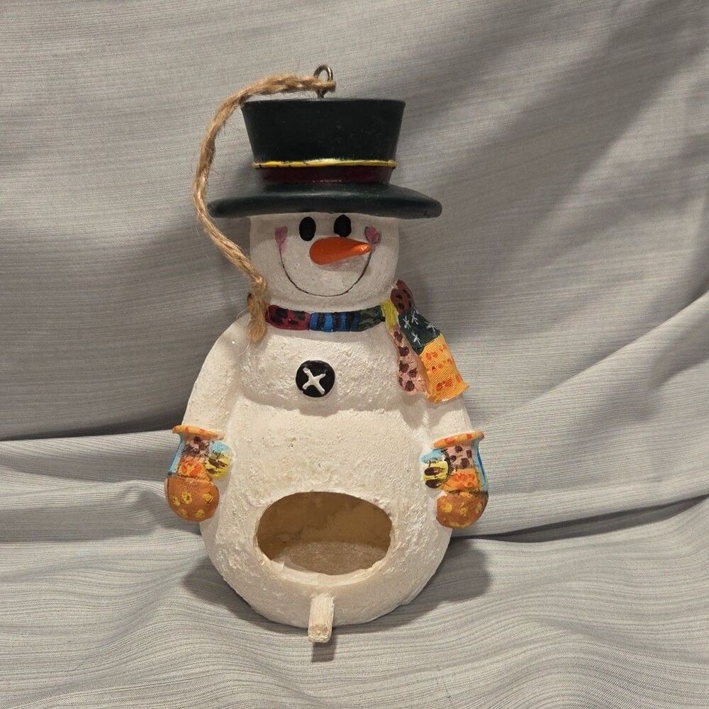 Snowman Birdfeeder 4" x 6" Bird Seed in Belly Patchwork Gloves Scarf Decor